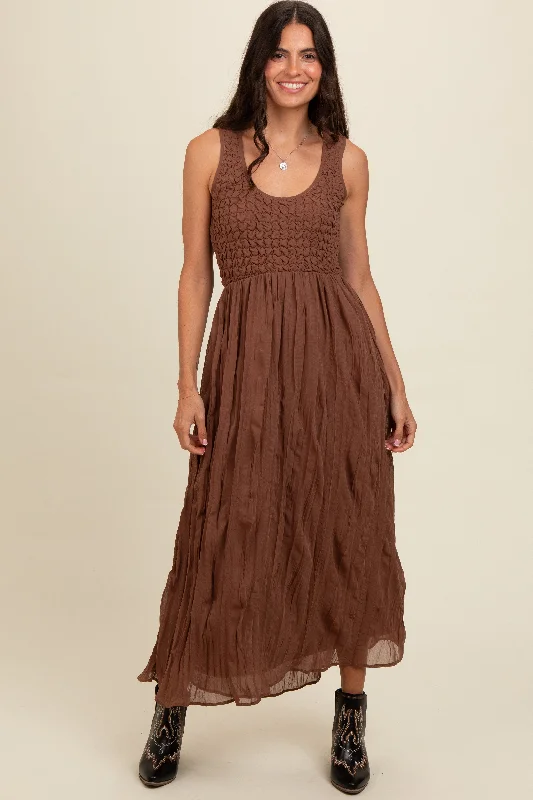 Mocha Textured Smocked Bodice Sleeveless Maxi Dress