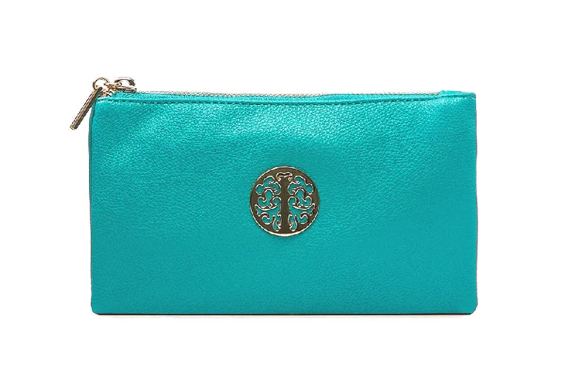 SMALL MULTI-POCKET CROSSBODY PURSE BAG WITH WRISTLET AND LONG STRAP - BLUE GREEN