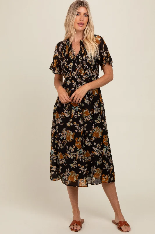 Black Smocked Floral Midi Dress