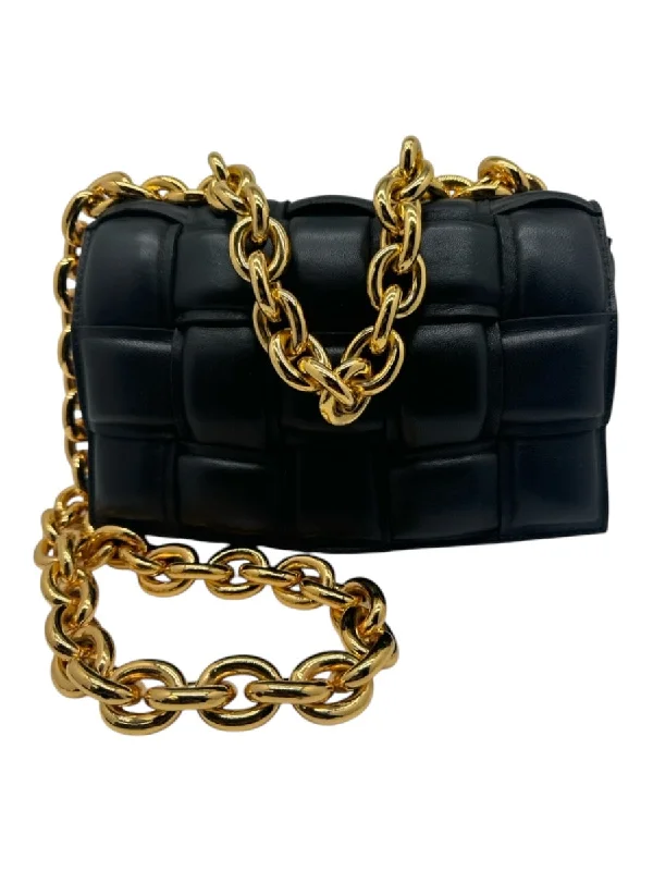 Bottega Veneta Black & Gold Leather Woven Chain Strap Crossbody Bag