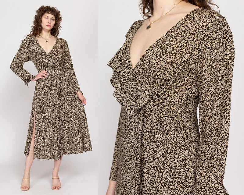 Medium 80s Two Tone Calico Floral Midi Wrap Dress