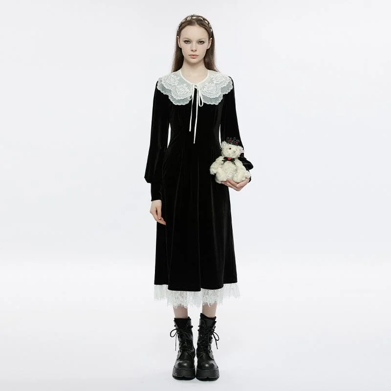 Women's Lolita Lace Hem Velvet Dress with Lace Collar