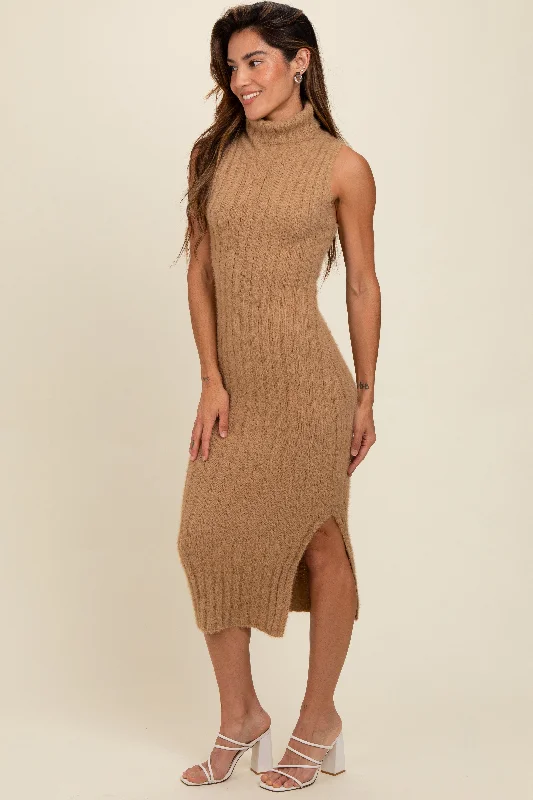 Taupe Fuzzy Knit Sleeveless Turtle Neck Midi Dress