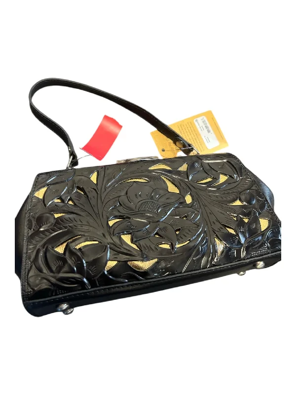 Patricia Nash Black Vegan Leather Gold Accents Floral Detail Top Handle Purse