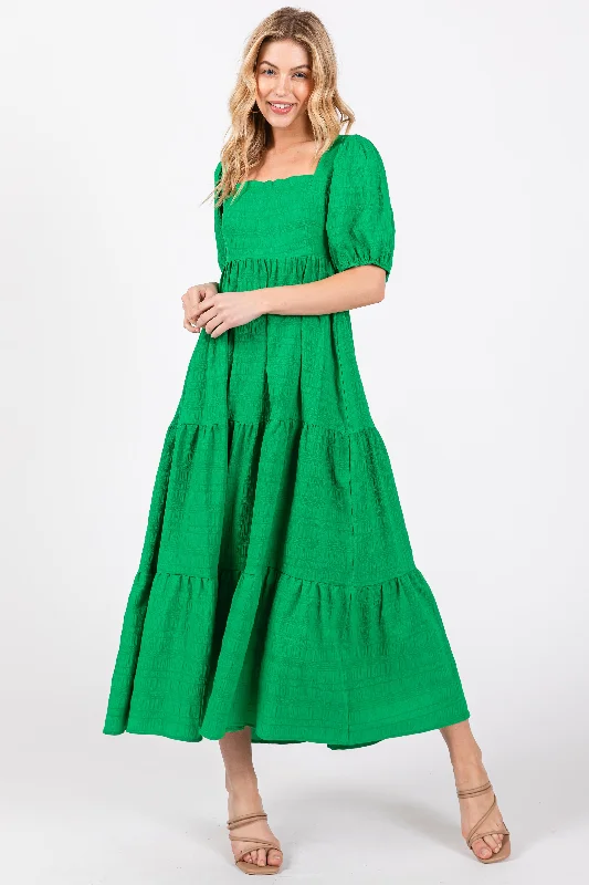 Green Textured Tiered Midi Dress