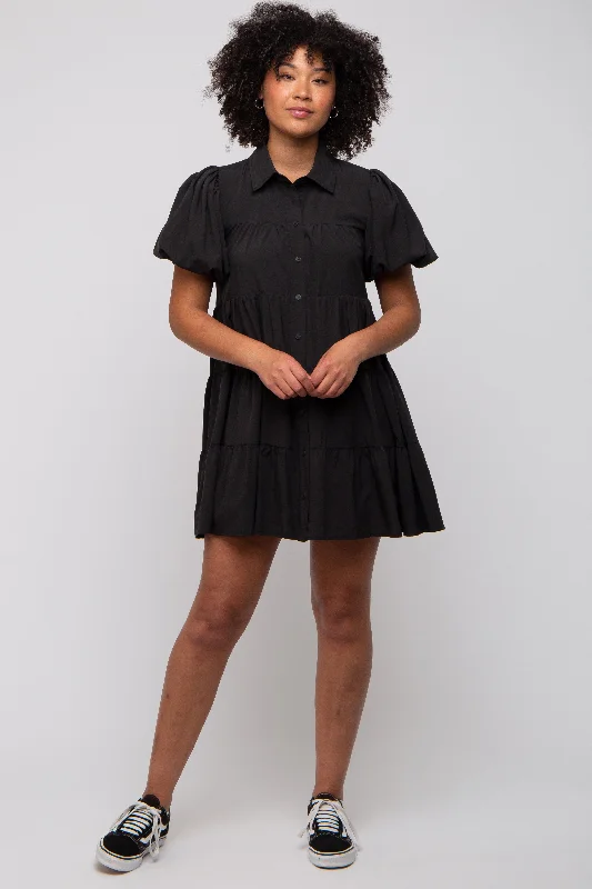 Black Puff Sleeve Mini Shirt Dress