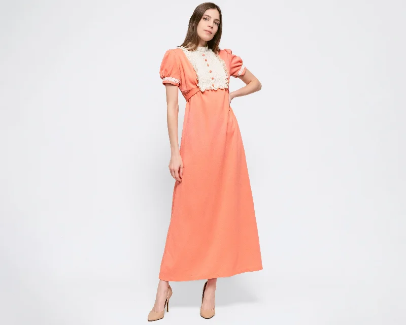 Small 70s Peach Lace Trim Prairie Maxi Dress