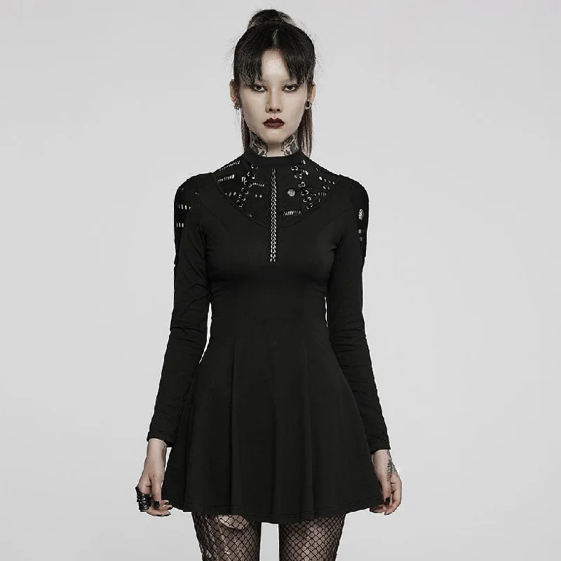 Women's Punk High Collar Ripped Long Sleeved Black Little Dress