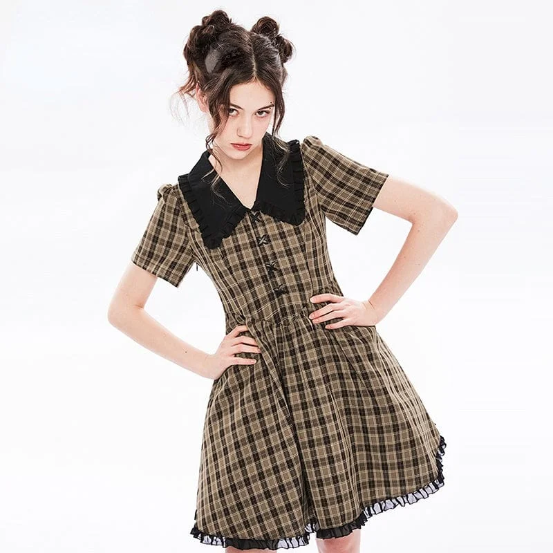 Women's Grunge Peter Pan Collar V-neck Plaid Dress