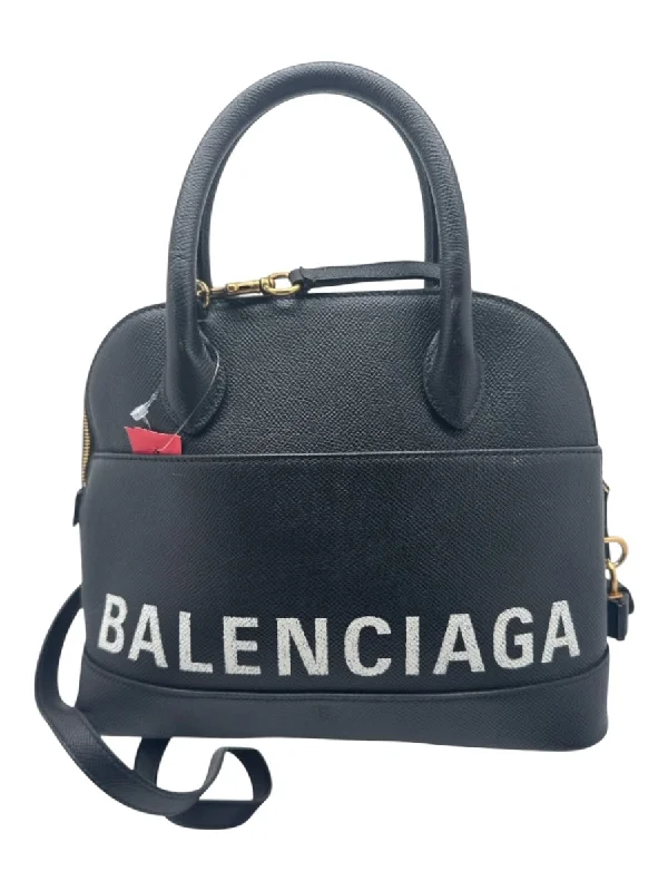 Balenciaga Black & White Saffiano Leather Logo Top Handle Bowler Bag