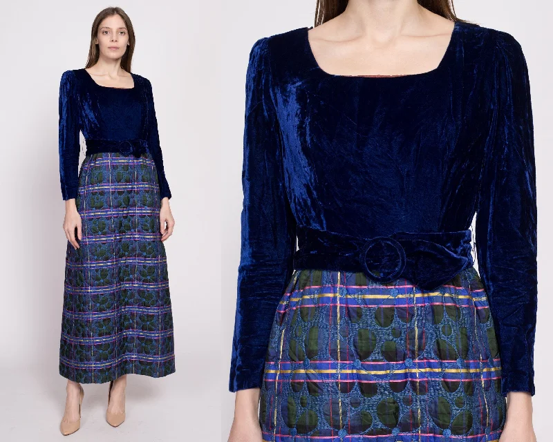 60s Blue Velvet & Quilted Skirt Maxi Dress - Small