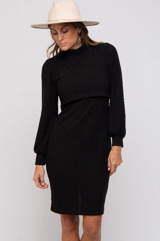 Black Rib Knit Mock Neck Mock Neck Nursing Dress