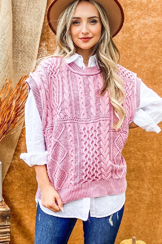 Washed Cable Knit Sweater Vest (Mauve)