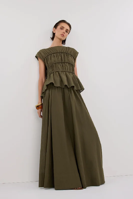 FLYNN OLIVE LINEN BLEND TIE MAXI SKIRT - PRE ORDER