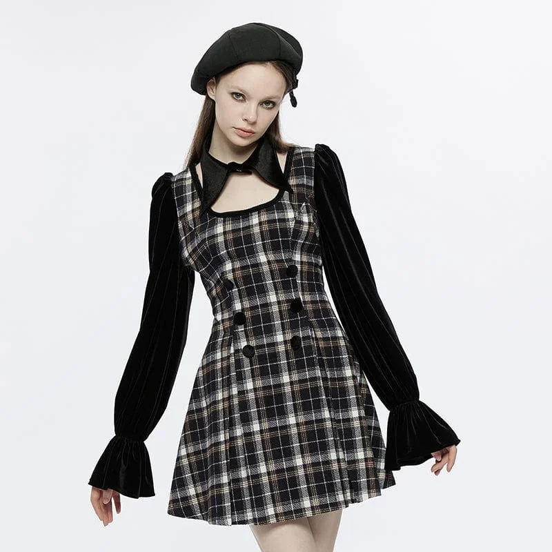 Women's Grunge Puff Sleeved Splice Plaid Dress