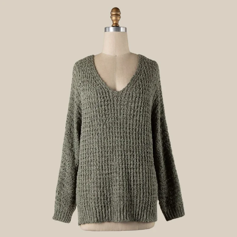 V Neck Ribbed Trim Cable Knit Sweater (Sage)