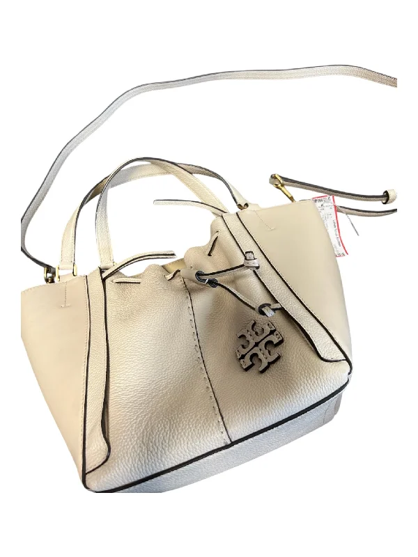 Tory Burch Cream Leather Drawstring Logo Detail Top Handle Zipper Detail Bag