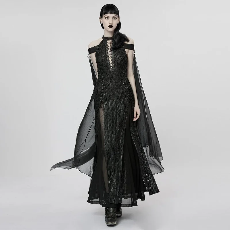 Women's Gothic Strappy Side Slit Dress with Detachable Cape