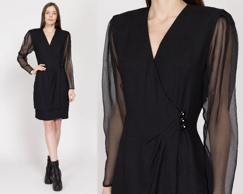 Medium 80s Black Sheer Sleeve Secretary Wrap Dress