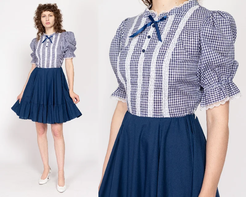 Small 70s Blue Gingham Puff Sleeve Mini Dress