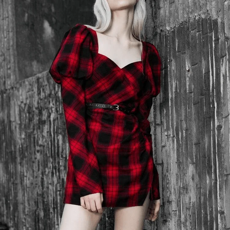 Women's Square Collar Puff Shoulder Plaid Dresses With Belt