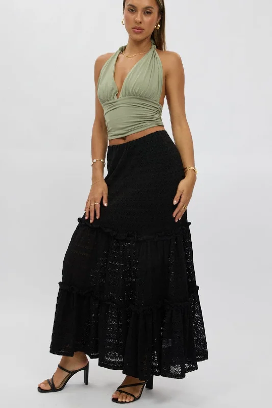 Black Lace Maxi Skirt Elastic Waist Tiered Lined