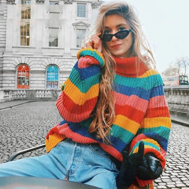 Women's Winter Striped Rainbow Jumpers Knitted Turtleneck Sweater