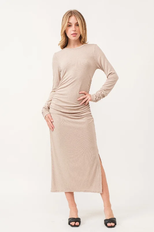 Beige Ruched Long Sleeve Midi Dress