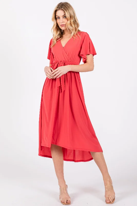 Coral Flutter Sleeve Waist Tie Nursing Dress