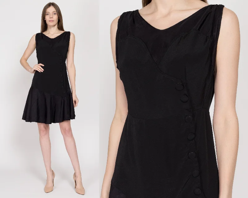 Sm-Med 1920s Black Crepe Button Front Mini Dress