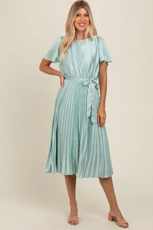 Mint Green Satin Pleated Sash Tie Midi Dress