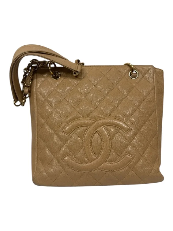 Chanel Beige Caviar Leather 2 Handles Chain Detail Gold Hardware Square Bag