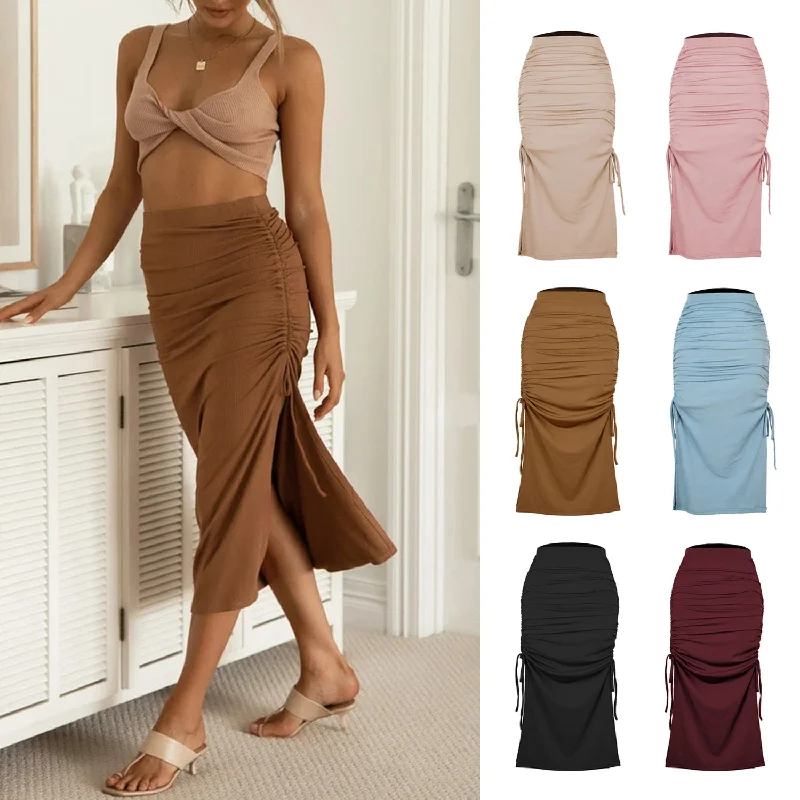 Fashionable Pleated Belted Sexy Bodycon Maxi Skirt