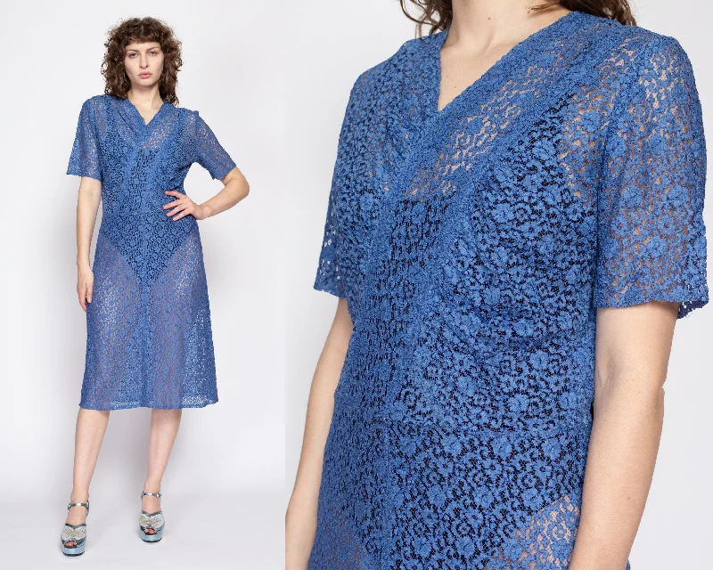 Large 1930s Sheer Blue Floral Lace Day Dress