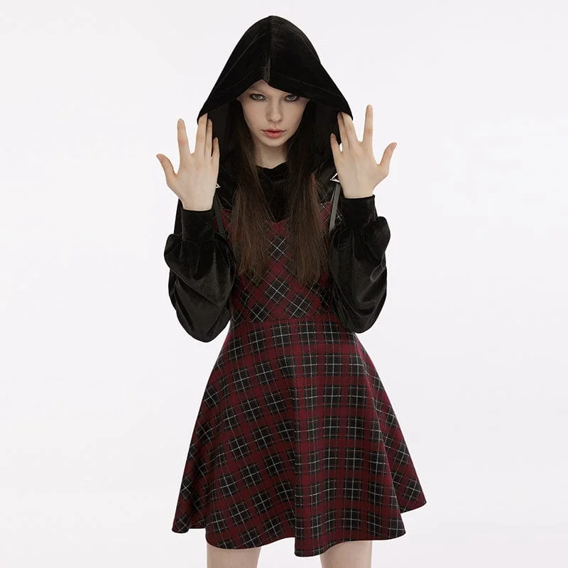 Women's Grunge Plaid Splice Velvet Dress with Hood