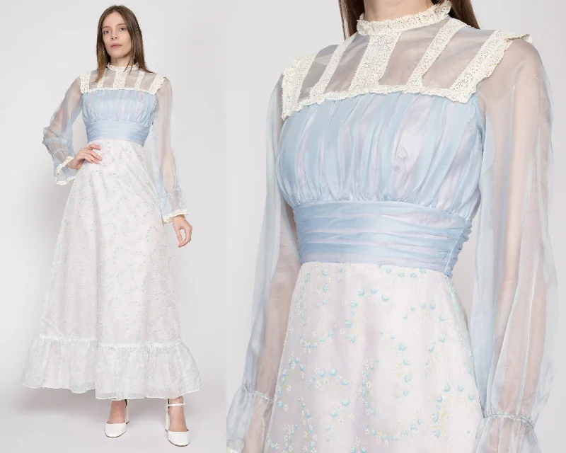 XS 70s Baby Blue Sheer Sleeve Prairie Dress