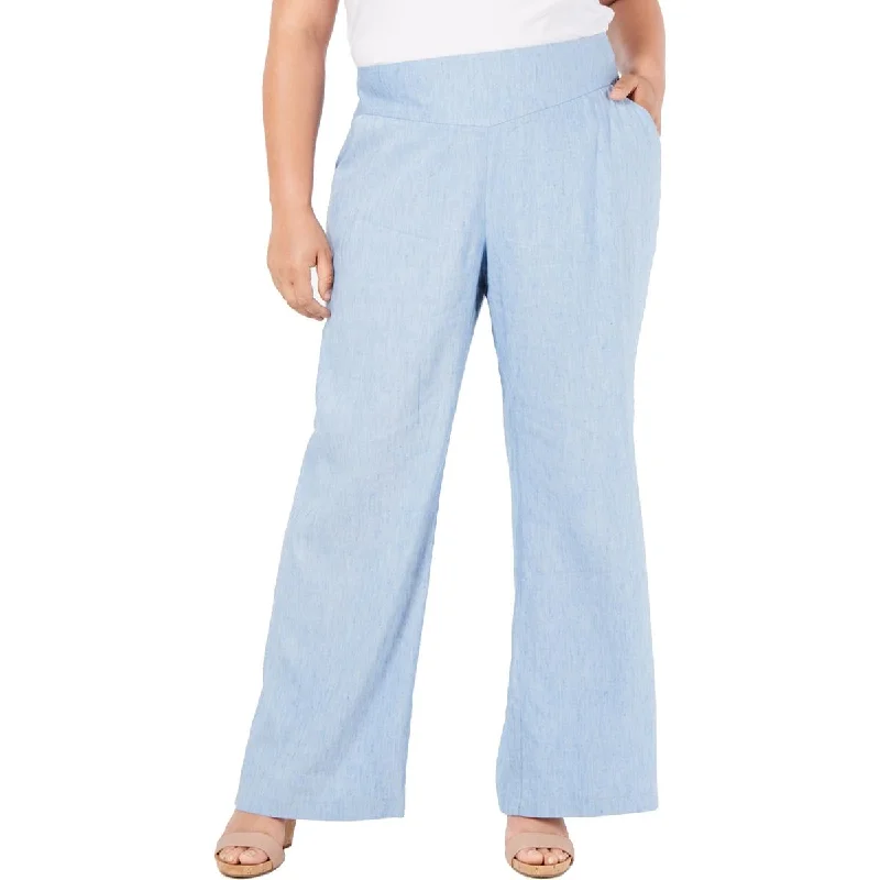 Plus Womens Mid Rise Linen Wide Leg Pants