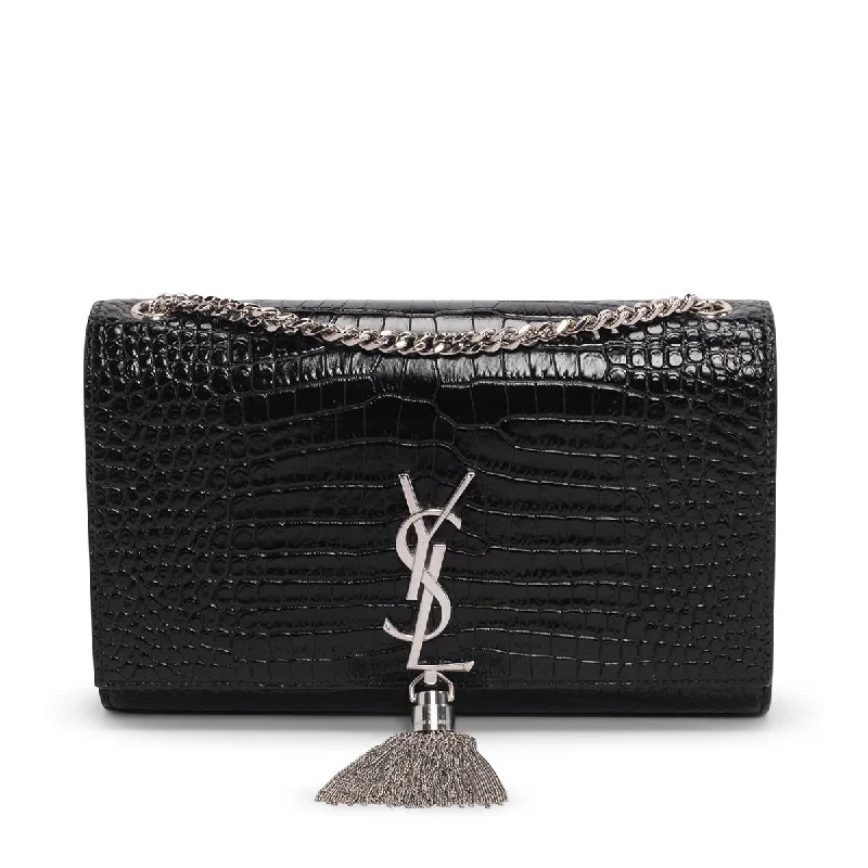 Saint Laurent Black Croc Embossed Medium Kate Tassel Bag