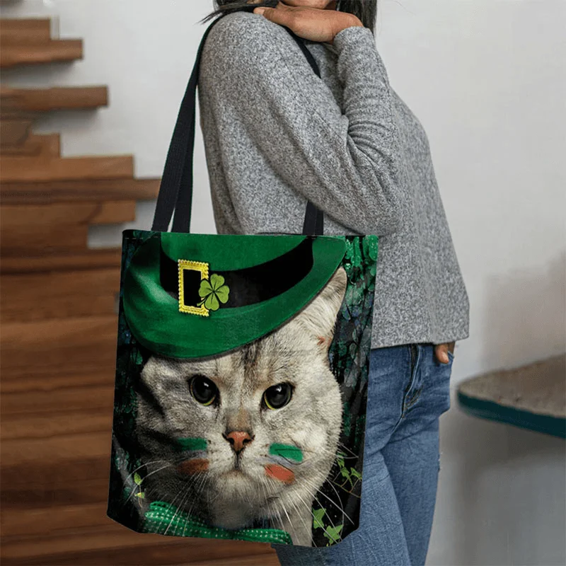 Women Clover Cat Pattern Print Happy St Patrick Day Shoulder Bag Handbag Tote