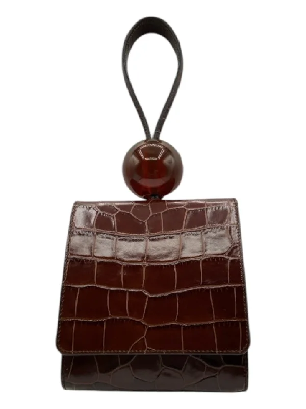 By Far Brown Embossed Leather Top Handle Button Close Square Ball Bag