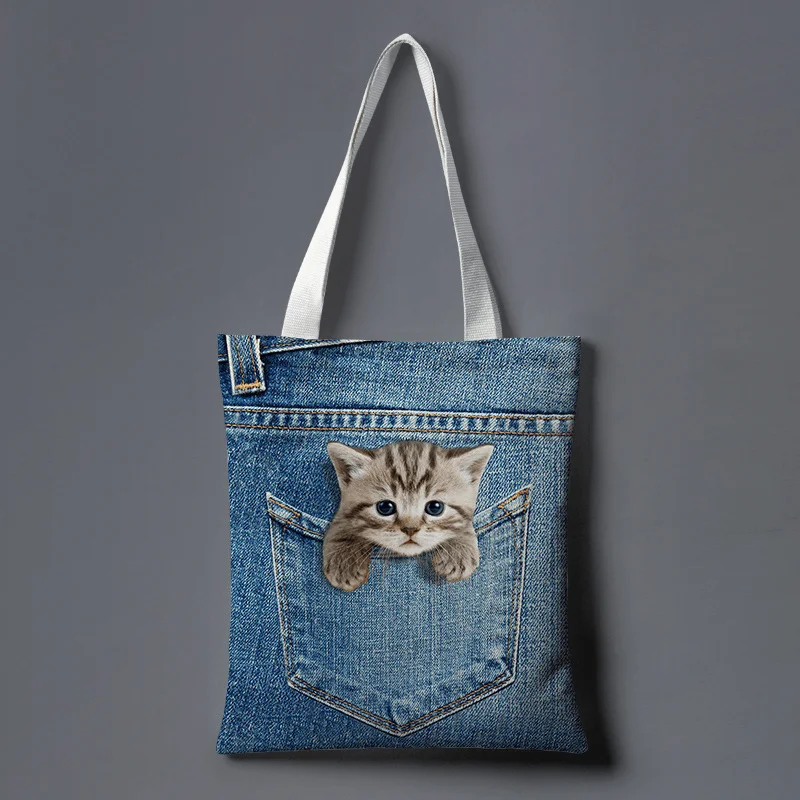 Women Canvas Cat Dog inside Jeans Pattern Large Capacity School Bag Shoulder Bag Handbag Tote