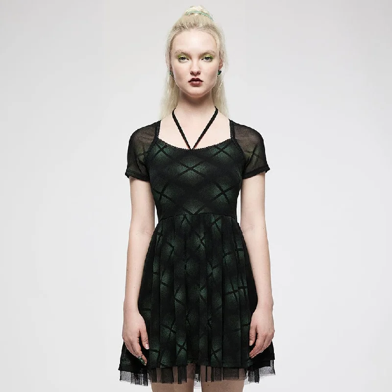 Women's Grunge Halterneck Green Plaid Mesh Dress