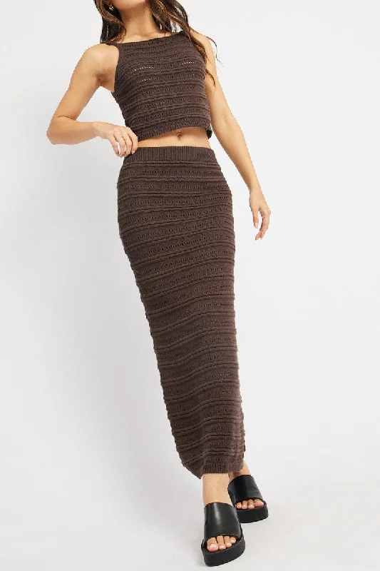 Brown Crochet Skirt High Rise Elastic Waistband Midi