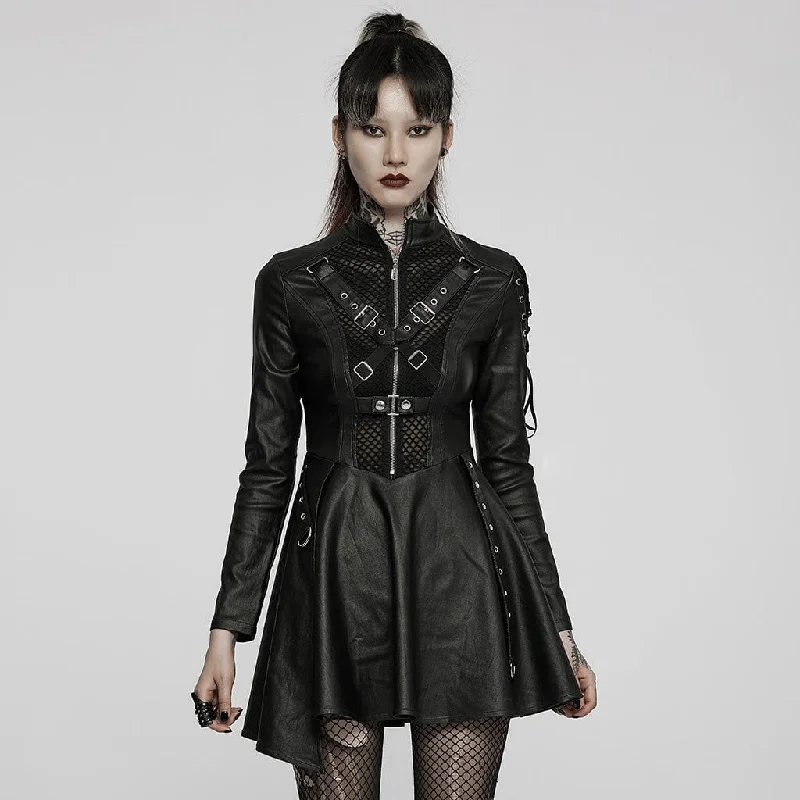 Women's Gothic Punk Front Zip Faux Leather Long Sleeved Dress