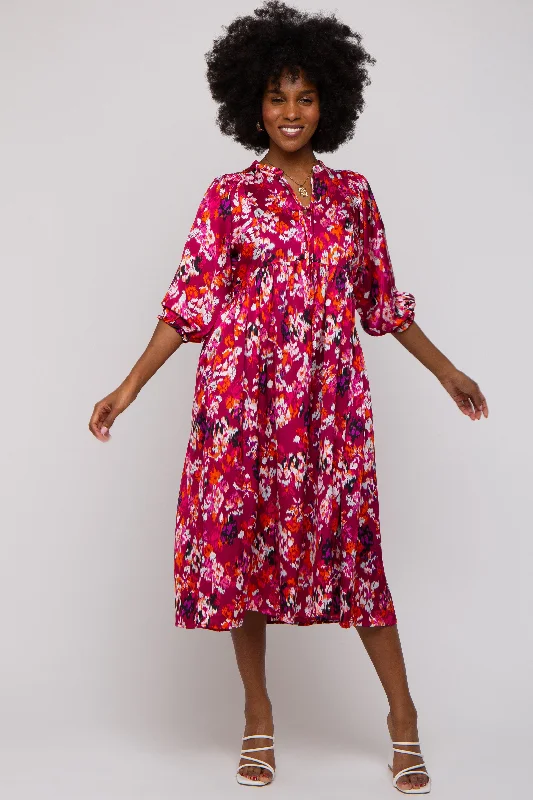 Magenta Floral Satin Ruffle Neck Midi Dress