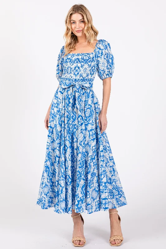 Blue Floral Smocked Short Puff Sleeve Midi Dress