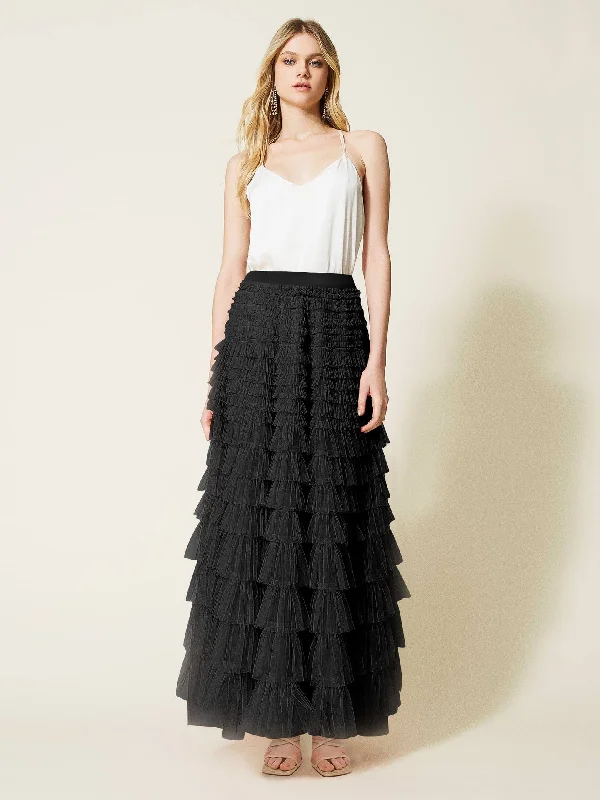 Elegant Solid Color High-Waisted Tulle Puff Skirt