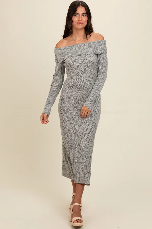 Heather Grey Off Shoulder Back Tie Sweater Midi Dress