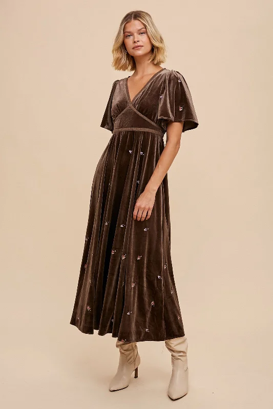 Pewter All Over Floral Embroidered Velvet Maxi Dress