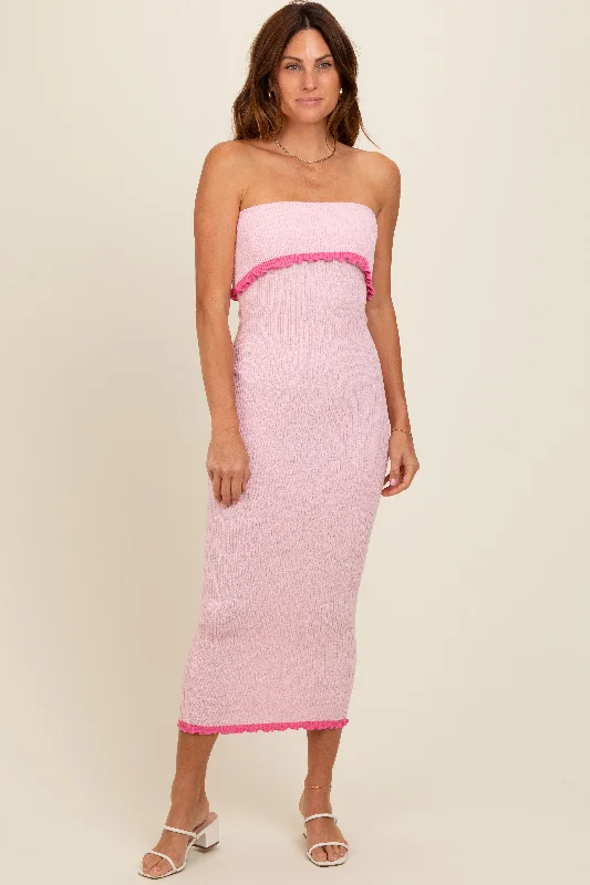 Pink Contrast Trim Strapless Knit Dress